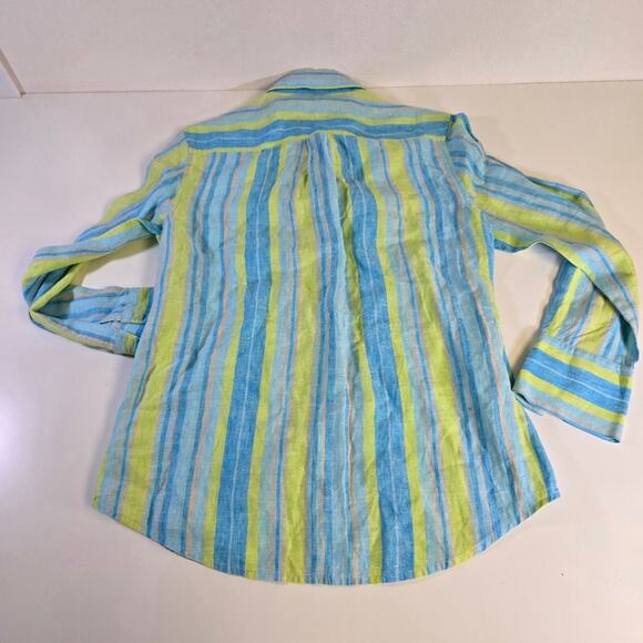 Willi Smith 100% Linen Green Blue Long Sleeve Vertical Stripe Button Down size 6 - Picture 2 of 5